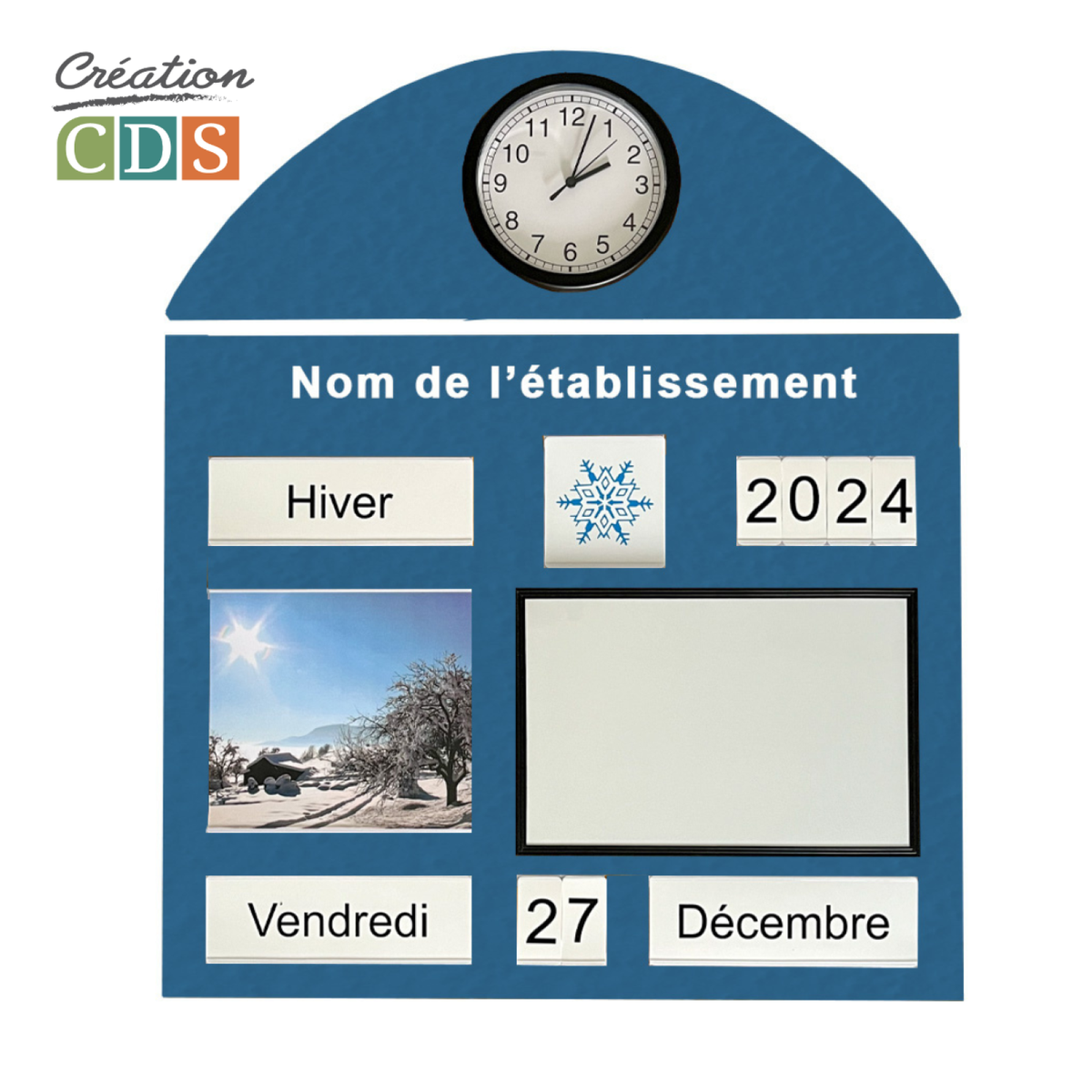 Tableau d'orientation horloge et tableau blanc, vue 2
