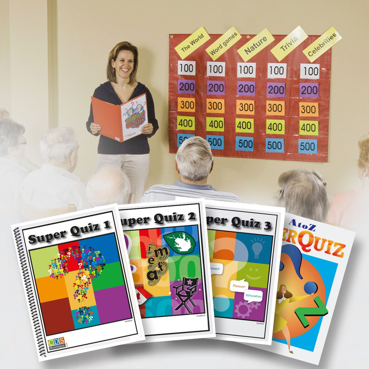 Ensemble Super Quiz, tapis et 4 cahiers, version anglaise